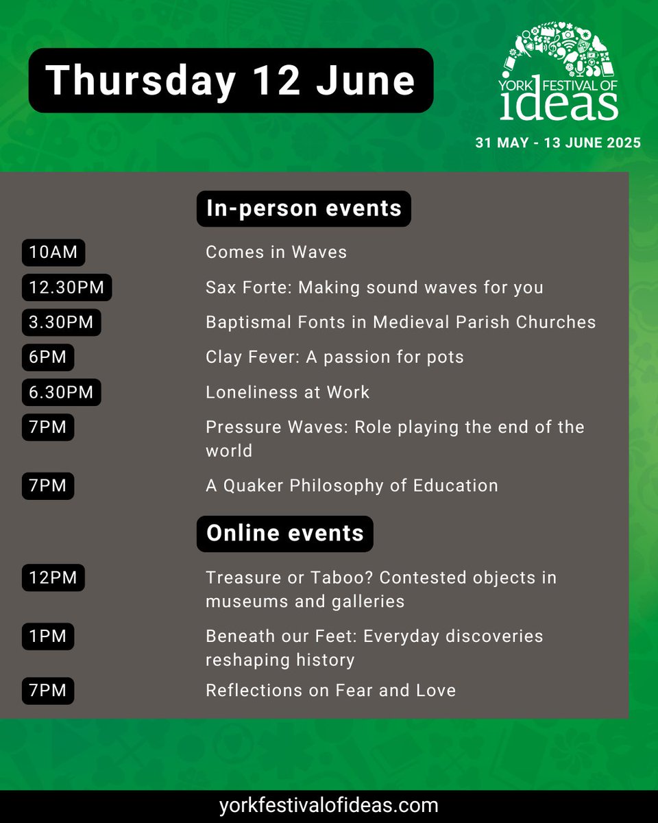 Here's today's calendar of fabulous events - whether you join us in-person or online, we look forward to welcoming you to our events today. 

#YorkIdeas