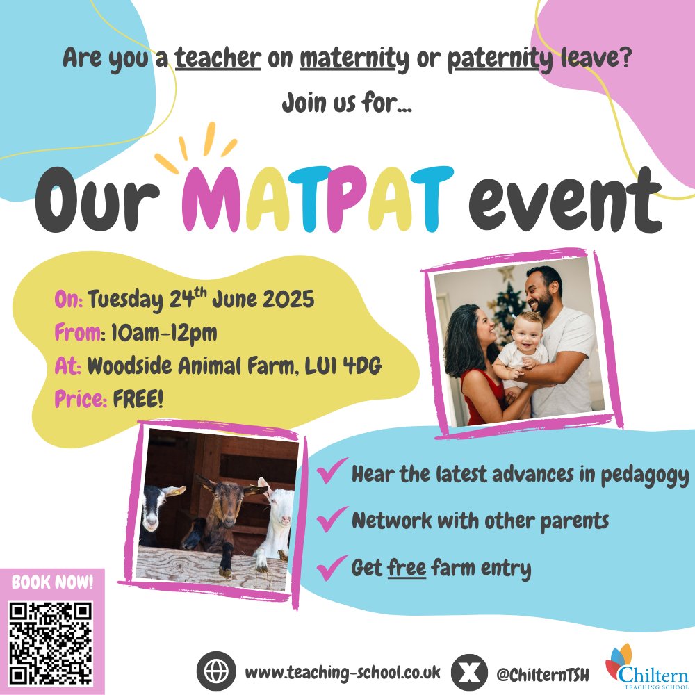 Chiltern Teaching School (@chilterntsh) on Twitter photo New or soon-to-be parent working in education? Don’t miss our next MATPAT CPD session!
🗓️ Tuesday 24 June
🕙 10am–12pm
📍 Woodside Animal Farm, LU1 4DG
Bring your little ones for some free farm fun after the session! 🐐🍓
Book now: eventbrite.co.uk/e/139221775377…
<a href="/NorsworthyKaty/">Katy Norsworthy</a> New or soon-to-be parent working in education? Don’t miss our next MATPAT CPD session!
🗓️ Tuesday 24 June
🕙 10am–12pm
📍 Woodside Animal Farm, LU1 4DG
Bring your little ones for some free farm fun after the session! 🐐🍓
Book now: eventbrite.co.uk/e/139221775377…
<a href="/NorsworthyKaty/">Katy Norsworthy</a>