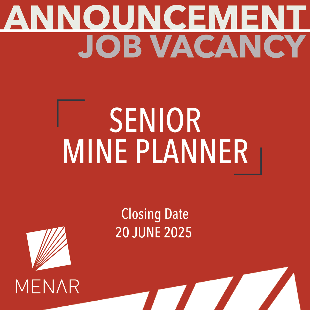 menarsocial's tweet photo. Job Vacancy Announcement: Menar has an opening for a Senior Mine Planner.  

Check out the link: https://t.co/rWLkcBzHLK to find the full job specs and how to apply.     

 Application closing date: 20 June 2025 #menar https://t.co/ubCItudhLp