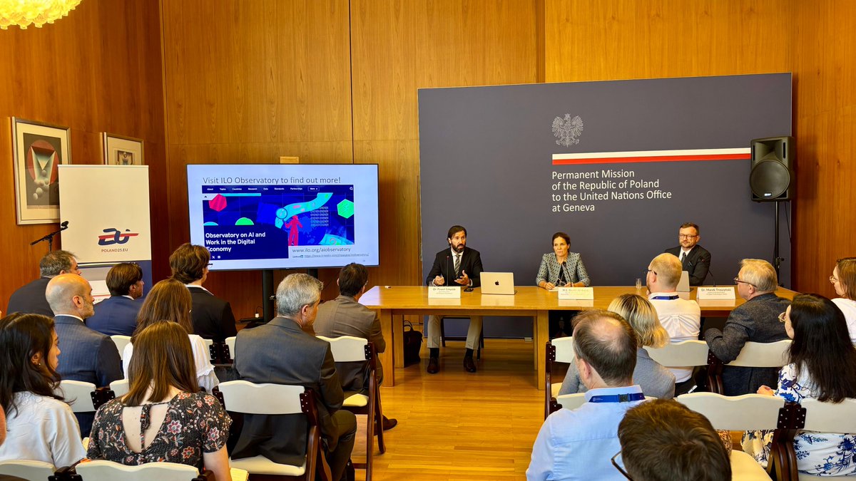 PLMissionGeneva's tweet photo. GenAI and its impact on the future of work under the spotlight at an event of #ILC2025. Co-hosted by 🇵🇱 @MRPiPS_GOV_PL &amp; @PLMissionGeneva, it featured a joint study by @ilo &amp; @NASK_pl on AI exposure. Thanks to Paweł Gmyrek &amp; Marek Troszyński for key insights! https://t.co/hEFc5fYfy7