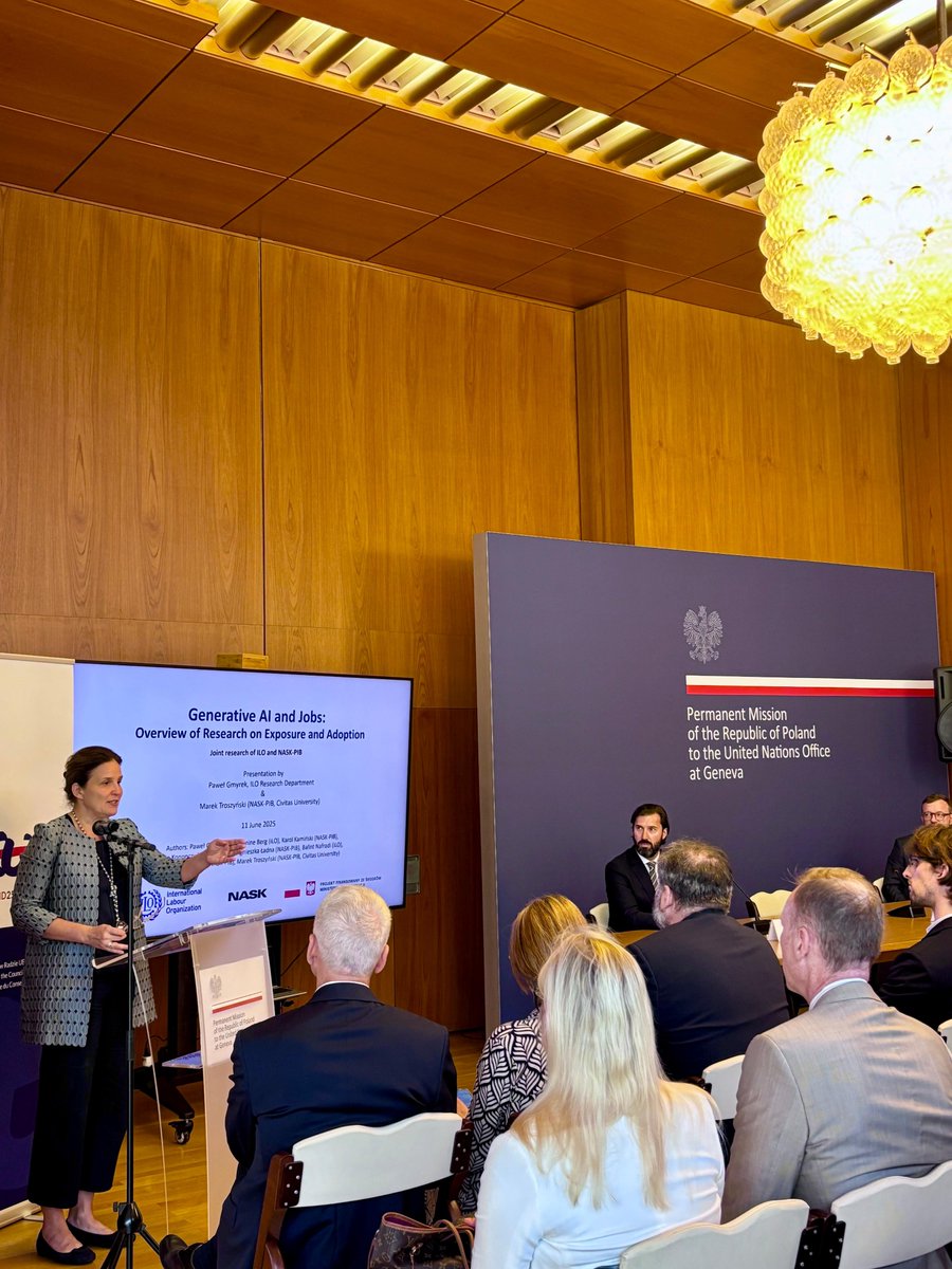 PLMissionGeneva's tweet photo. GenAI and its impact on the future of work under the spotlight at an event of #ILC2025. Co-hosted by 🇵🇱 @MRPiPS_GOV_PL &amp; @PLMissionGeneva, it featured a joint study by @ilo &amp; @NASK_pl on AI exposure. Thanks to Paweł Gmyrek &amp; Marek Troszyński for key insights! https://t.co/hEFc5fYfy7