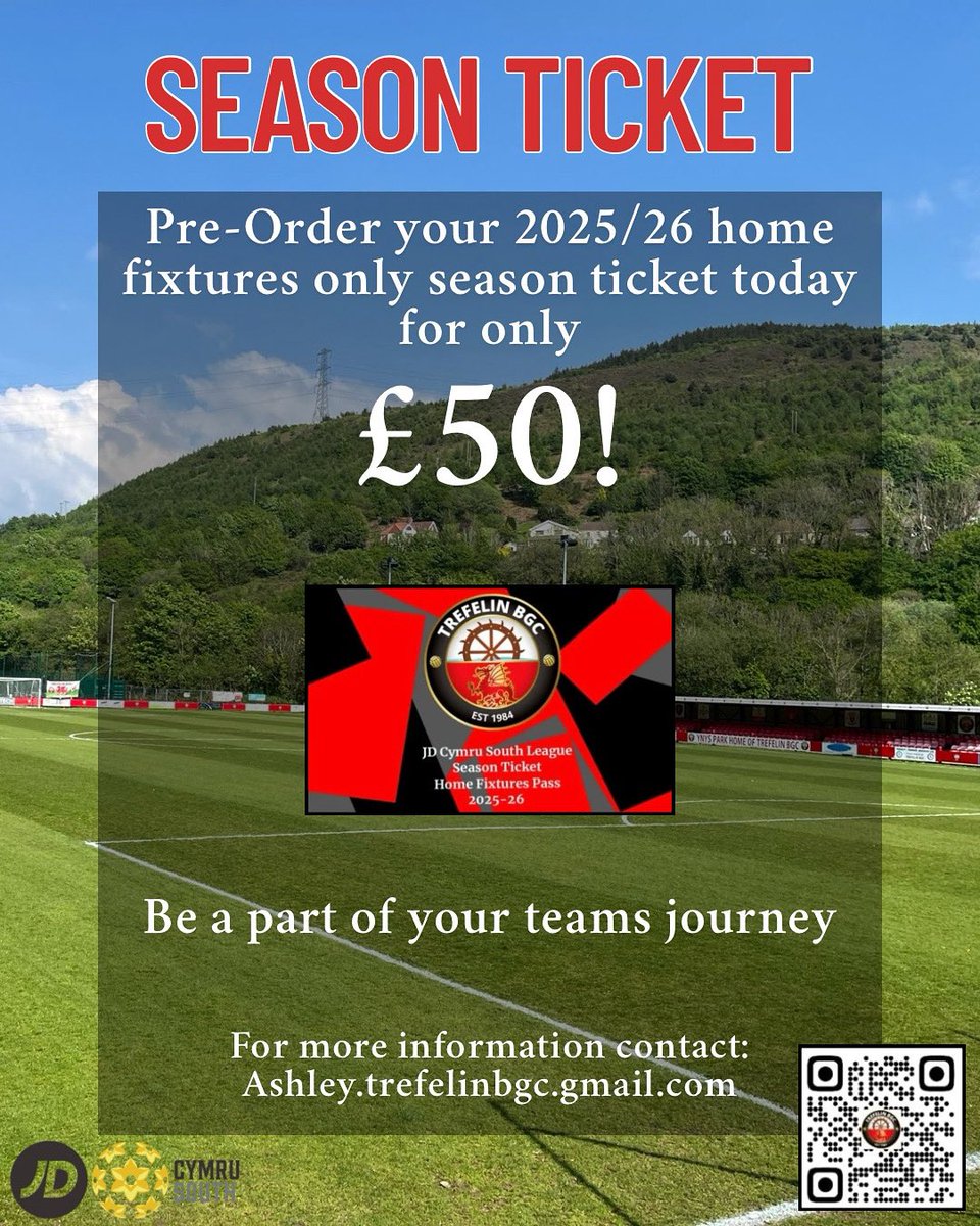 Pre-Order your 2025/26 JD Cymru South home fixtures season ticket now! 🎟️

For just £50 you can be there for every kick of the game and of course our local derbies🔥

For any enquires please contact - ashley.trefelinbgc@gmail.com 

#uppatref #jdcymrusouth