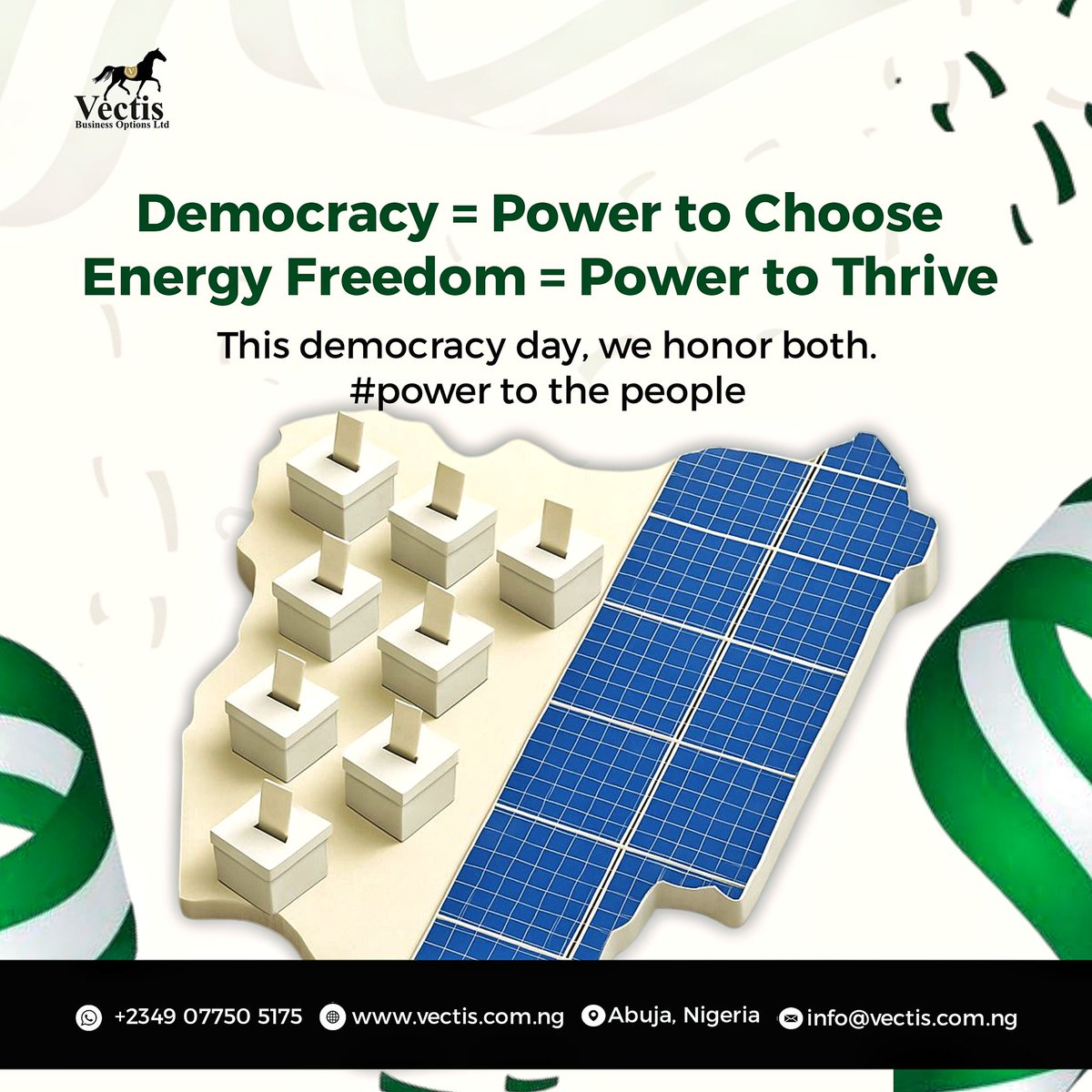 vectis_business's tweet photo. Democracy is power in the hands of the people.
Solar is energy in the hands of the people.
Celebrating Progress, Happy Democracy Nigeria
#Vectis
#Nigeria
#DemocracyDay
#Youth
#Education
#RenewableEnergy
#SustainableChange
#BridgingTheEnergyGap
#YouthEmpowered
#SEforALL https://t.co/w8225KDOyl