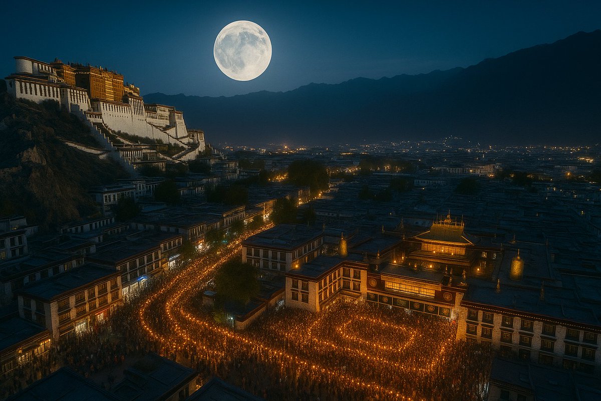 CultureTibet's tweet photo. On the 15th day of Saga Dawa, the moon rises over Lhasa like it's remembering something.

An elder once said: Whatever you do on this day, good or bad, it multiplies.

So in Tibet, people walk. In silence. Around the Jokhang temple. One kora. Two. A hundred.

#SagaDawa 🌕 https://t.co/47jfrMJDYs