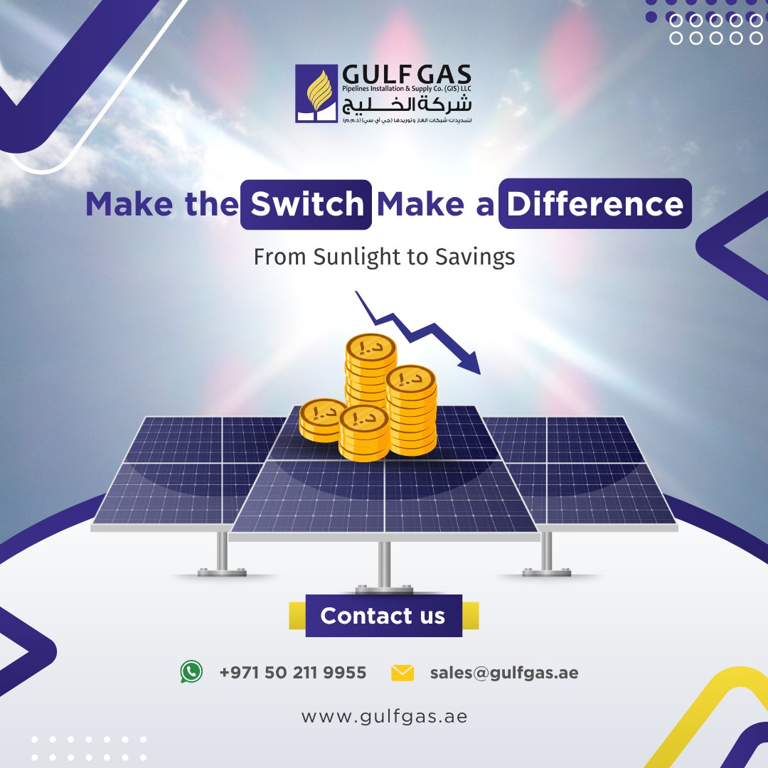 GulfGasUAE's tweet photo. 🌞 From Sunlight to Savings! 💰⚡

Why waste the sun when it can power your home &amp; wallet? 🏠💸

With Gulf Gas Solar:
✅ Zero emissions
✅ Lower bills
✅ Brighter future 🌍

Make the switch 🔄 Be the change 💪 
Shine brighter with Gulf Gas Solar! ☀️🔋

#GulfGasSolar #SolarSmart https://t.co/69iq0A9rCO