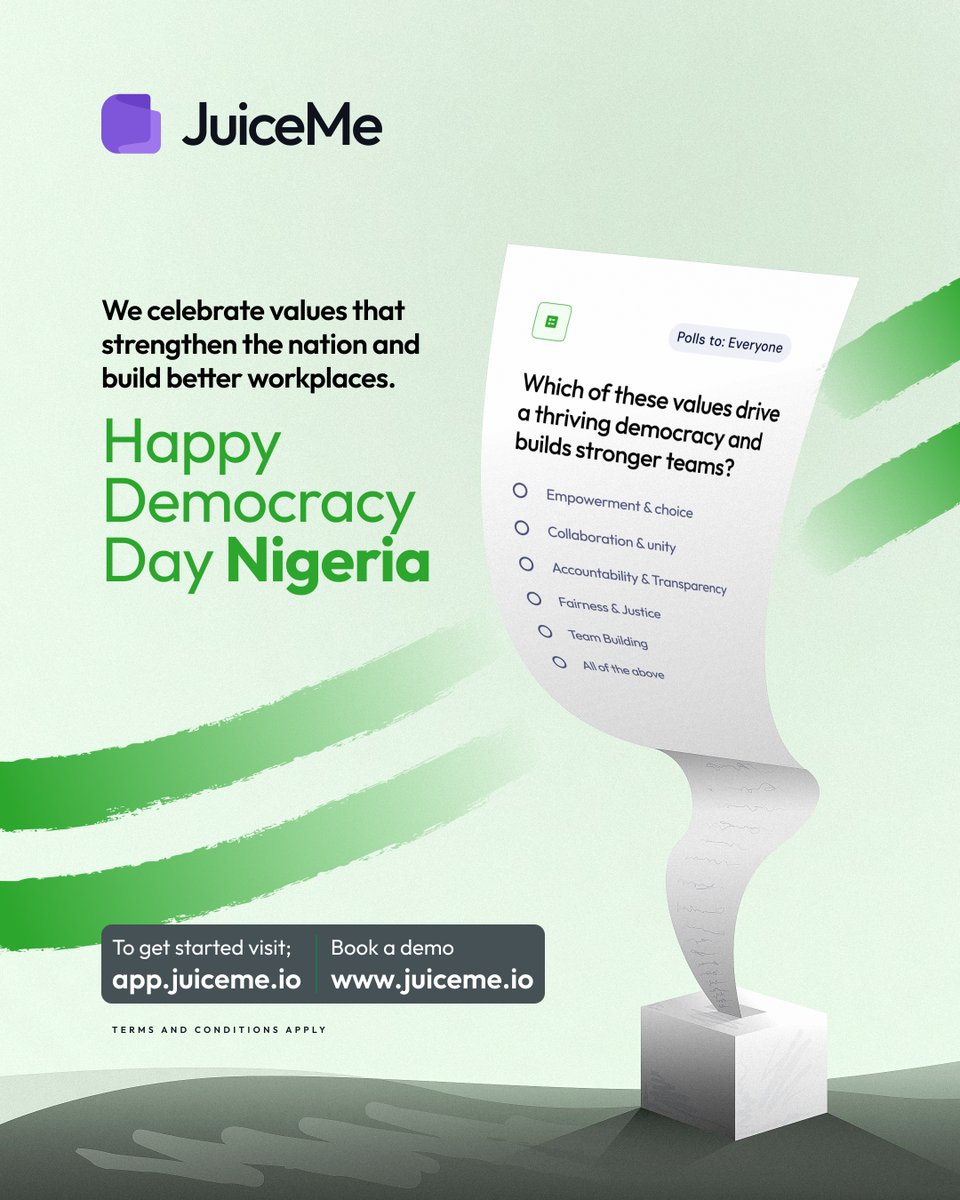 usejuiceme's tweet photo. On this day, we’re not just celebrating a system, we’re celebrating the values that make it thrive🇳🇬💚

🗳️From ballot boxes to boardrooms, the same principles that build strong nations also develop stronger teams.

Which of these do you believe powers both?
 Your voice matters https://t.co/sXlshVGABs