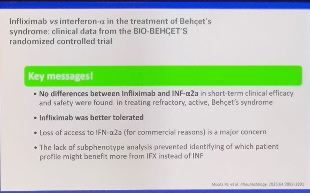 #EULAR2025 #Day2 
Dr. Matteo Piga hace un gran repaso sobre Behçet y los últimos estudios publicados para su tratamiento por órgano afectado. 
🔸 Cuantificación daño sistémico. 
🔹Uveítis refractaria 
🔸 Af. Cutánea severa 
🔹 Aftosis oral 
⬇️
⬇️