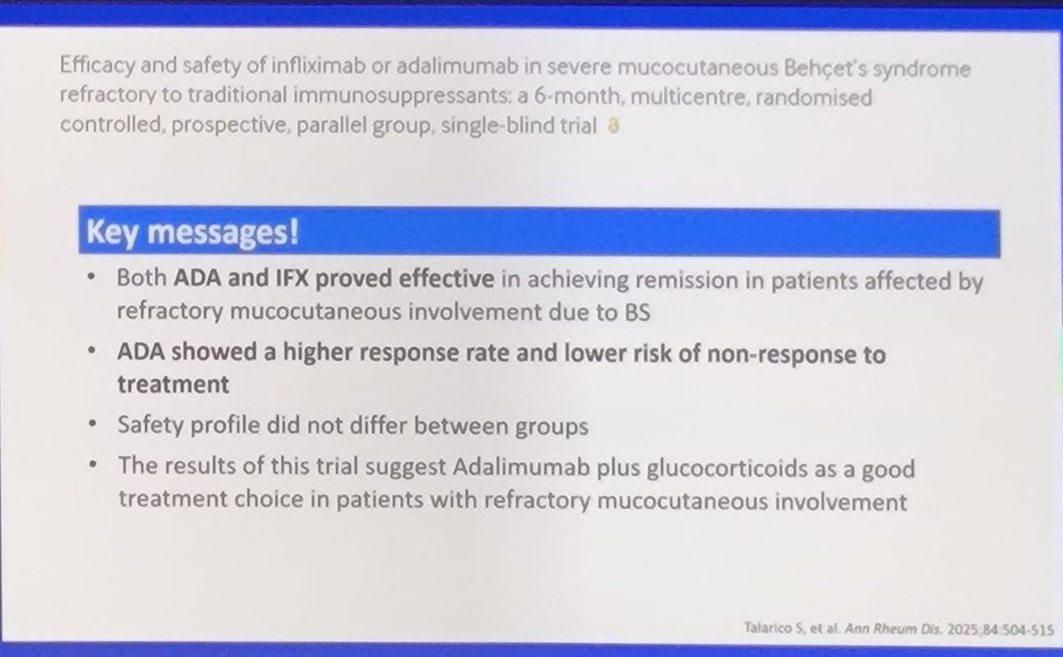 Reumasturias's tweet photo. #EULAR2025 #Day2 
Dr. Matteo Piga hace un gran repaso sobre Behçet y los últimos estudios publicados para su tratamiento por órgano afectado. 
🔸 Cuantificación daño sistémico. 
🔹Uveítis refractaria 
🔸 Af. Cutánea severa 
🔹 Aftosis oral 
⬇️
⬇️ https://t.co/X2D7XyIER6