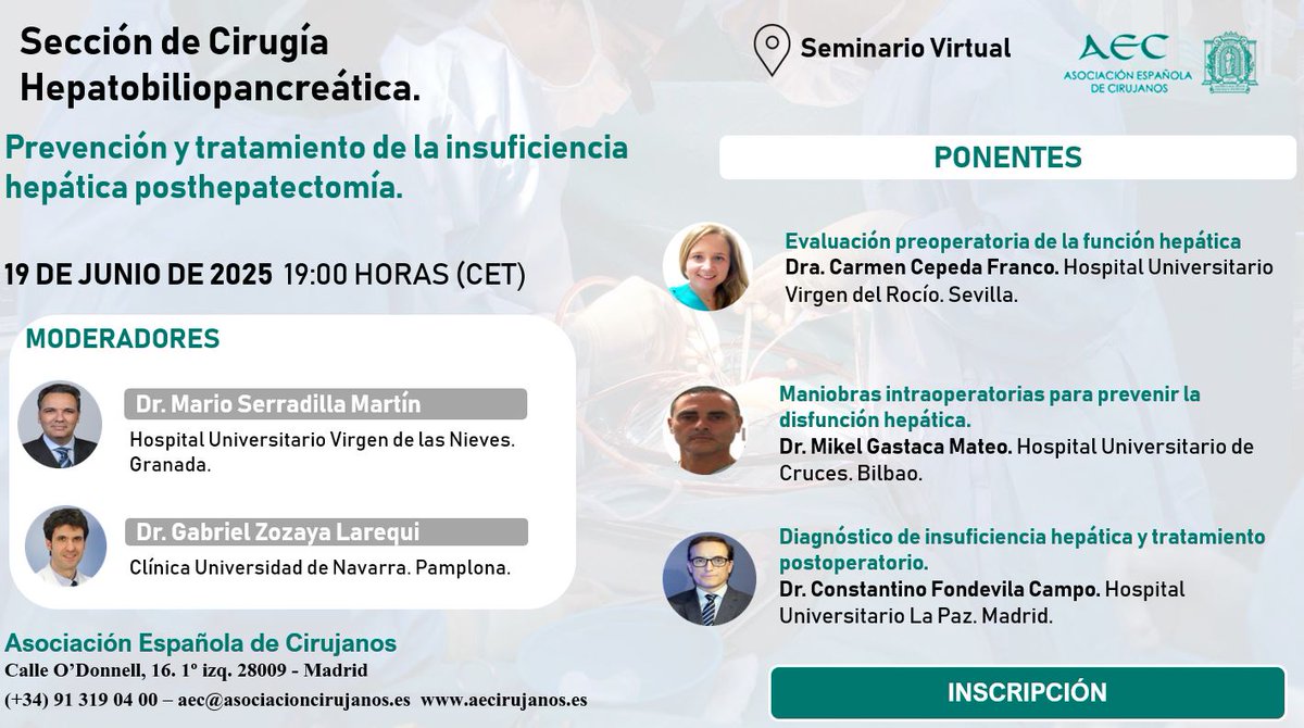 aecirujanos (@aecirujanos) on Twitter photo No os perdáis el 19 de junio a las 19h el #aulavirtual de
<a href="/aechbp/">AecHBP</a> donde🗣️expertos hablarán de prevención y tratamiento de la insuficiencia hepática posthepatectomía
<a href="/MarioSerradill1/">Mario Serradilla</a> <a href="/CFondevila/">Constantino Fondevila</a> <a href="/mikel_gastaca/">Mikel gastaca</a> <a href="/CarmenCepeda00/">Carmen Cepeda Franco</a> <a href="/gnzozaya/">Gabriel Zozaya</a>
¡Os esperamos! 👇
us02web.zoom.us/webinar/regist… No os perdáis el 19 de junio a las 19h el #aulavirtual de
<a href="/aechbp/">AecHBP</a> donde🗣️expertos hablarán de prevención y tratamiento de la insuficiencia hepática posthepatectomía
<a href="/MarioSerradill1/">Mario Serradilla</a> <a href="/CFondevila/">Constantino Fondevila</a> <a href="/mikel_gastaca/">Mikel gastaca</a> <a href="/CarmenCepeda00/">Carmen Cepeda Franco</a> <a href="/gnzozaya/">Gabriel Zozaya</a>
¡Os esperamos! 👇
us02web.zoom.us/webinar/regist…