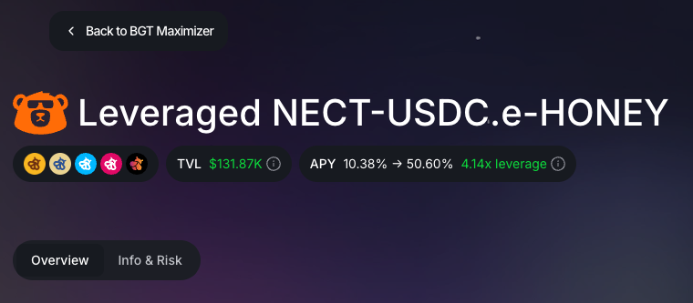 0xBerancia's tweet image. 🚀 Leverage your stablecoin yield with 100 k dollaa Boost ⚡️

Berancia yeeted 100 k dollaa 💸 into @moneygoesburr’s NECT-USDC.e-HONEY — every profit flows straight to depositor frens.

Leverage is now 4.14x, 50.6% APY.

Ape in by 9am UTC tmrw—multiplier sets then, applies to all…