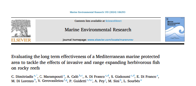 Dimitriadis C, Marampouti C, Giakoumi S, Di Franco E, Gerovasileiou V, Sini M. et. al Evaluating the long term effectiveness of a Mediterranean marine protected area to tackle the effects of invasive and range expanding herbivorous fish on rocky reefs. doi.org/10.1016/j.mare…