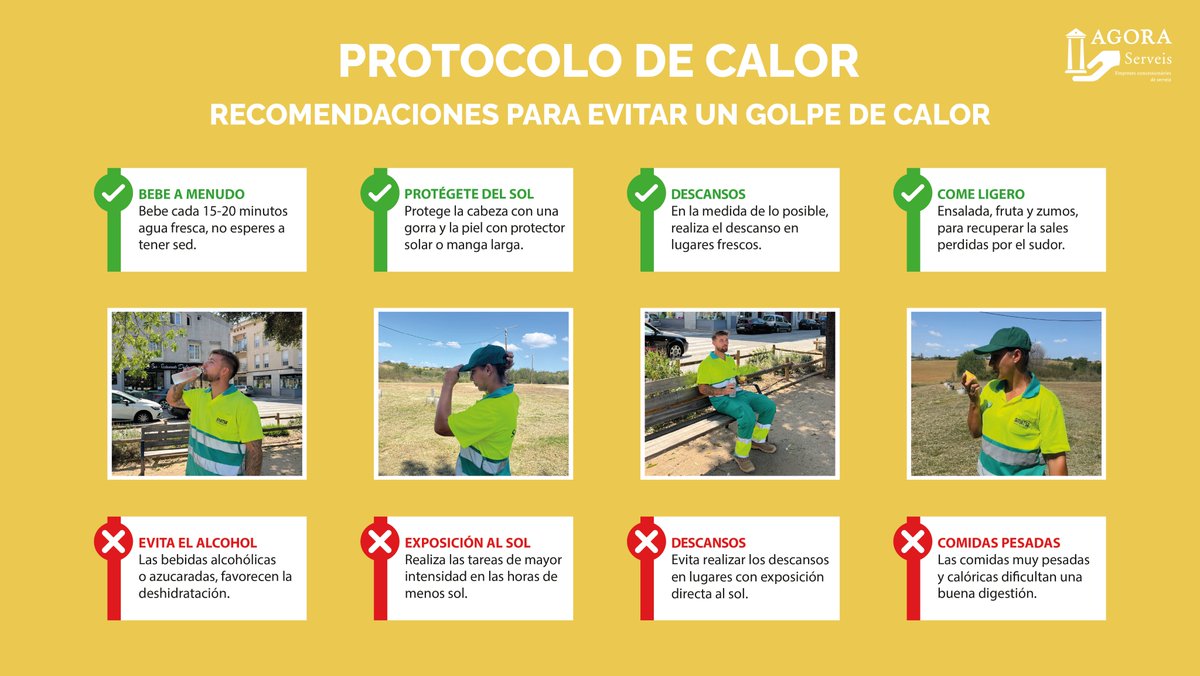 Durant aquestes jornades de tanta calor, precaució.

Compartim els consells i protocol que establim a SMATSA i que també podeu seguir en el dia a dia.

#Sabadell