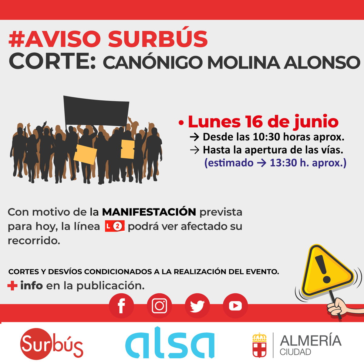 ℹ️ surbusalmeria.es/avisos
Comunicamos a nuestros usuarios que hoy lunes, se producirán desvíos y/o retrasos en la línea 2, con motivo de las "MANIFESTACIÓN" prevista.
👉 Consulta nuestros avisos.
<a href="/aytoalm/">Ayuntamiento de Almería</a>  <a href="/Alsa_autobuses/">Alsa</a>  <a href="/ualestudiantes/">UAL Estudiantes</a>