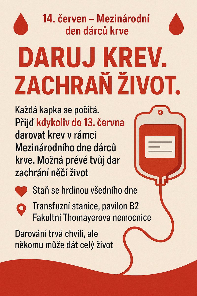 ‼️14. červen – MEZINÁRODNÍ DEN DÁRCŮ KRVE 
👉Daruj krev. Zachraň život‼️
Každá kapka se počítá. Přijď i ty darovat krev a pomoz těm, kteří ji potřebují. Možná právě tvůj dar zachrání něčí život. Navštiv naší Transfuzní stanici, pav. B2, PO-PÁ / 7.15-10.00 a staň se hrdinou dne😉
