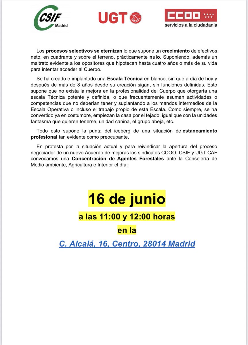 📣Concentración en defensa del cuerpo de Agentes Forestales 
🛑 Lunes, 16 de junio 
🛑 11:00 horas
🛑 Consejería de Medio Ambiente 
      C/ Alcalá 16