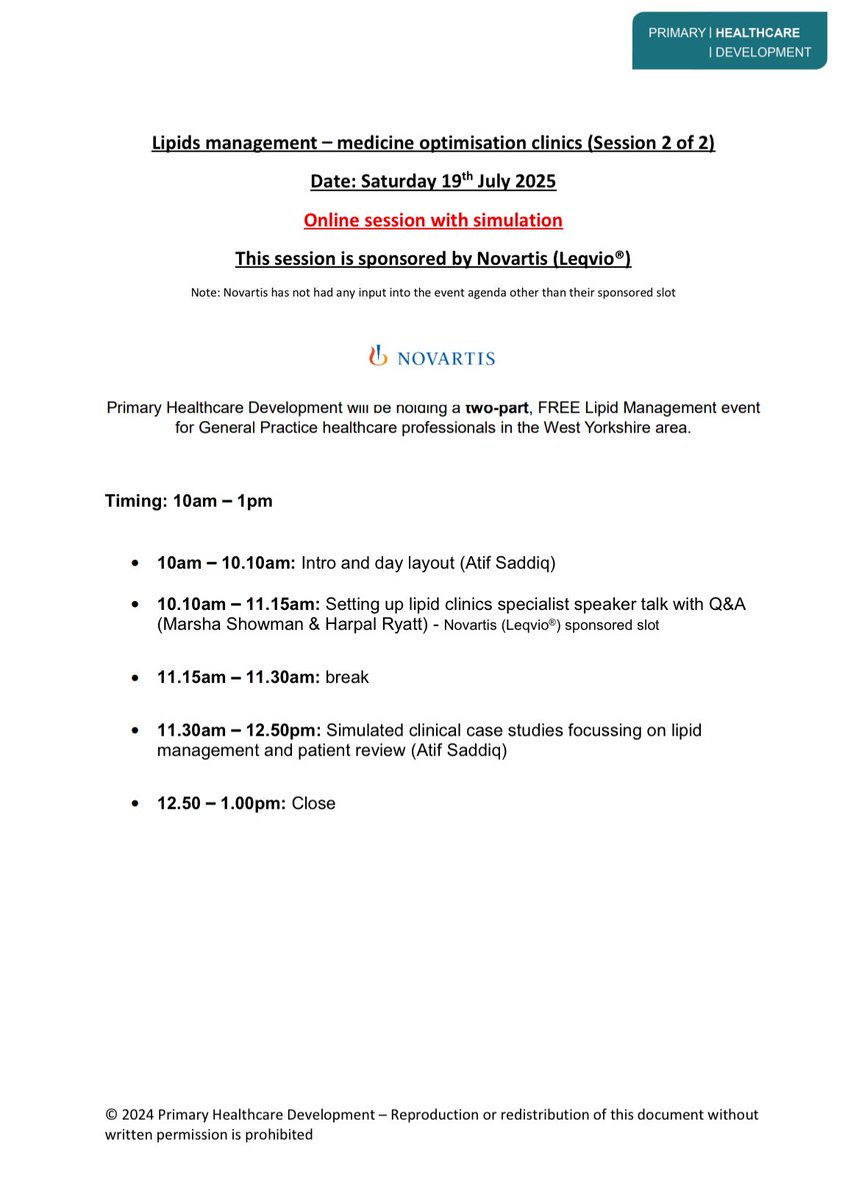 FREE Online Lipid Management TWO-PART event for General Practice healthcare professionals in West Yorkshire.

Hear about Oral and Injectable therapies for lipid management

To register, complete form below:

forms.office.com/e/SJxC2vTjqX

These sessions are sponsored by Novartis
