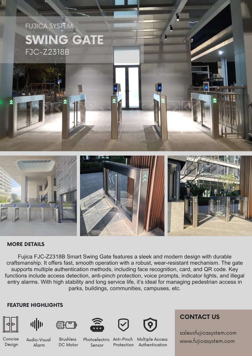 FujicaSyst72814's tweet image. Who says security can't look stylish? 😎
The FUJICA SYSTEM  FJC-Z2318B Smart Swing Gate combines sleek design with serious performance — fast, safe, and smarter than your average gate. #PedestrianGate #HighTechSecurity #turnstiles