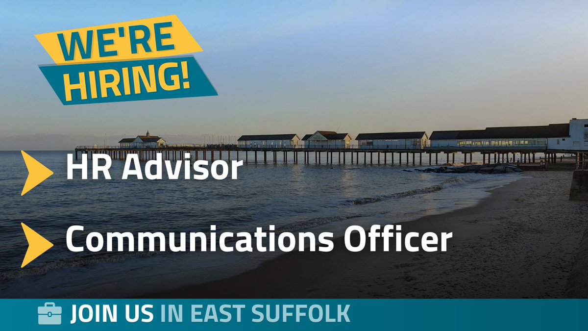 We are currently recruiting for two new roles across East Suffolk:

HR Advisor
Applications close 22 June
Find out more and apply: bit.ly/4jJsLNr

Communications Officer
Applications close 15 June
Find out more and apply: bit.ly/43MjePL

#JoinEastSuffolk