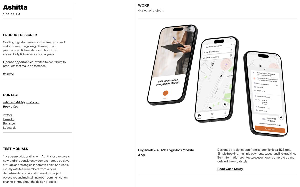 hiii, i am looking for my next Product Design role
(link to portfolio at end of post and in reply) 

This is what I bring - 
1.⁠ ⁠In depth design thinking and problem solving 
2.⁠ ⁠Accessibility standards that take products to all types of people 
3.⁠ ⁠Taste (And a really