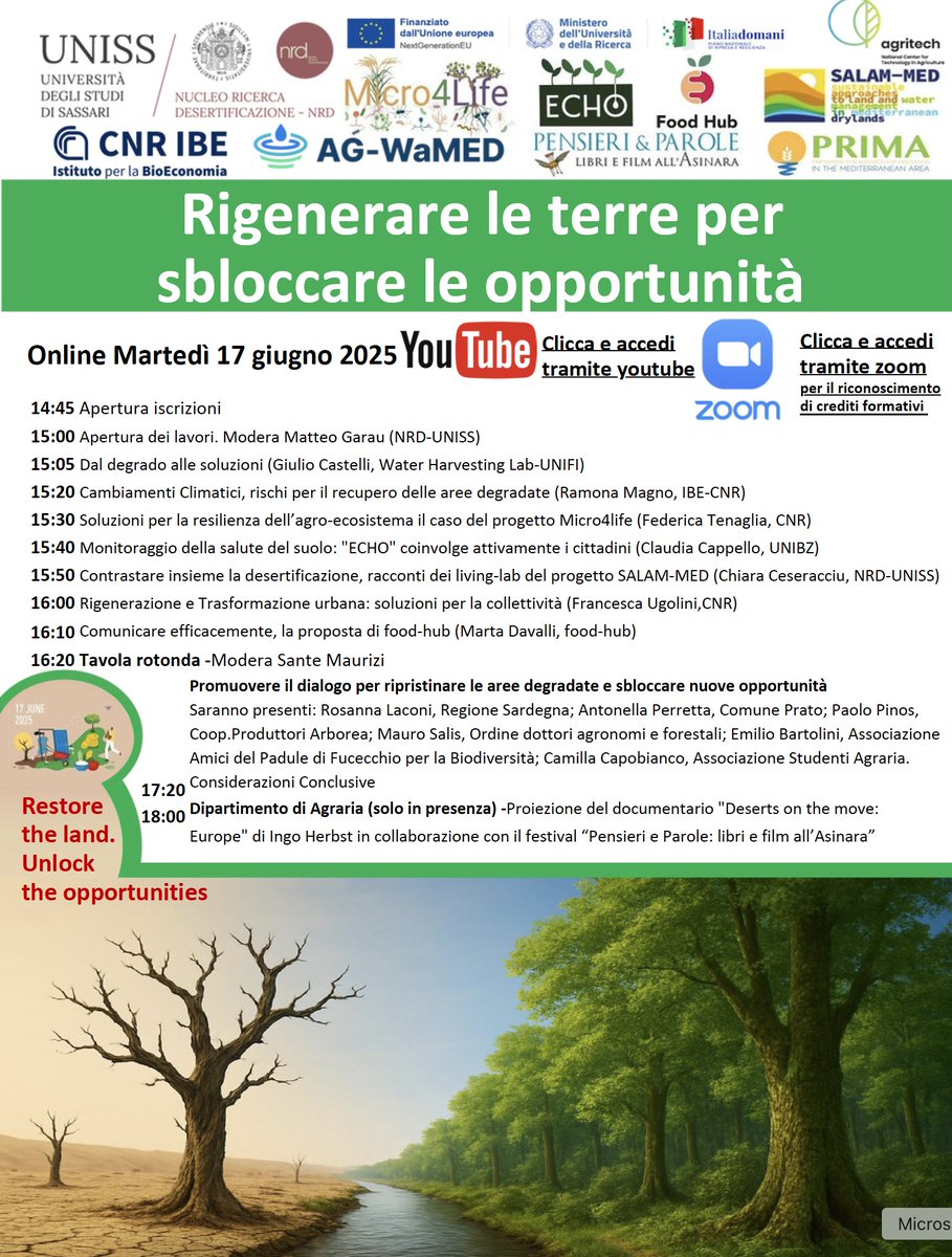 Droughtcentral's tweet image. Il 17 Giugno è la Giornata Mondiale per la Lotta a Desertificazione e Siccità, con tema “Ripristinare le terre. Sbloccare le opportunità”.
📢NRD - UNI Sassari e CNR-IBE organizzano un webinar con successiva tavola rotonda.
👉Iscrizioni: lnkd.in/eGvzRh-R