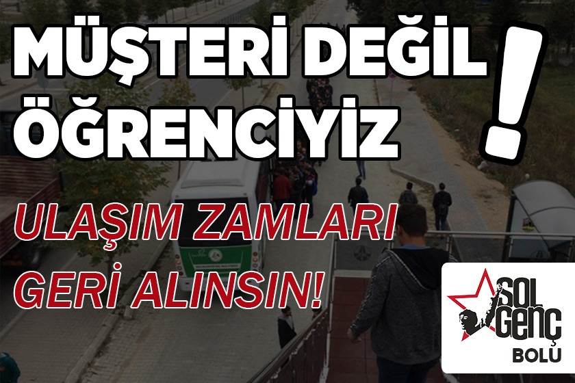 Bolu Belediyesi şehir içi ulaşım ücretlerine %33 zam oranında yaptı.
Öğrenci biniş ücreti 18 TL'den 24 TL'ye yükseldi.
Müşteri değil öğrenciyiz. Ulaşım zamları geri alınsın!