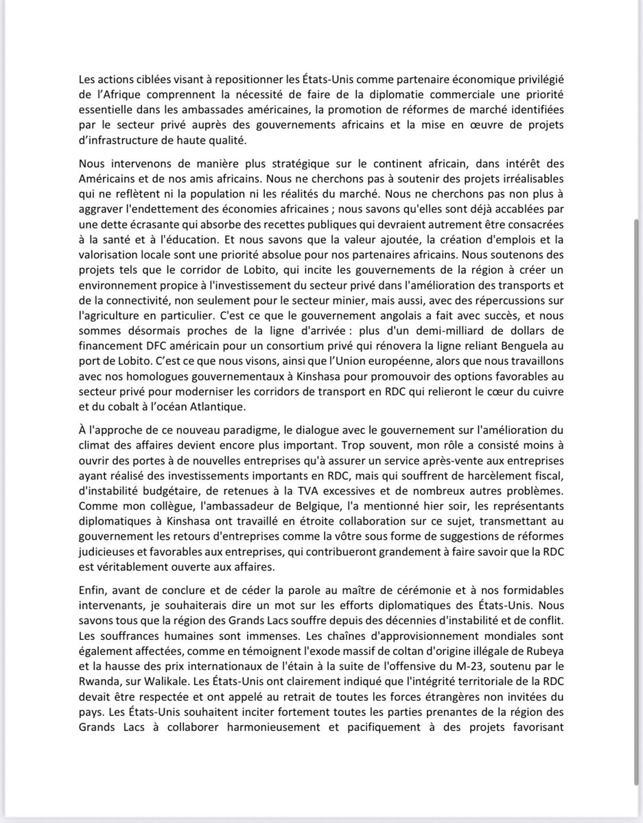 IsralMutombo11's tweet photo. Les États-Unis ont clairement indiqué que l'intégrité territoriale de la RDC devait être respectée et ont appelé au retrait de toutes les forces étrangères non invitées du pays. Les États-Unis souhaitent inciter fortement toutes les parties prenantes de la région des Grands Lacs à collaborer harmonieusement et pacifiquement à des projets favorisant l'intégration économique régionale et la prospérité des économies licites des deux côtés de la frontière, notamment en ce qui concerne l'extraction des ressources naturelles et les chaînes d'approvisionnement.