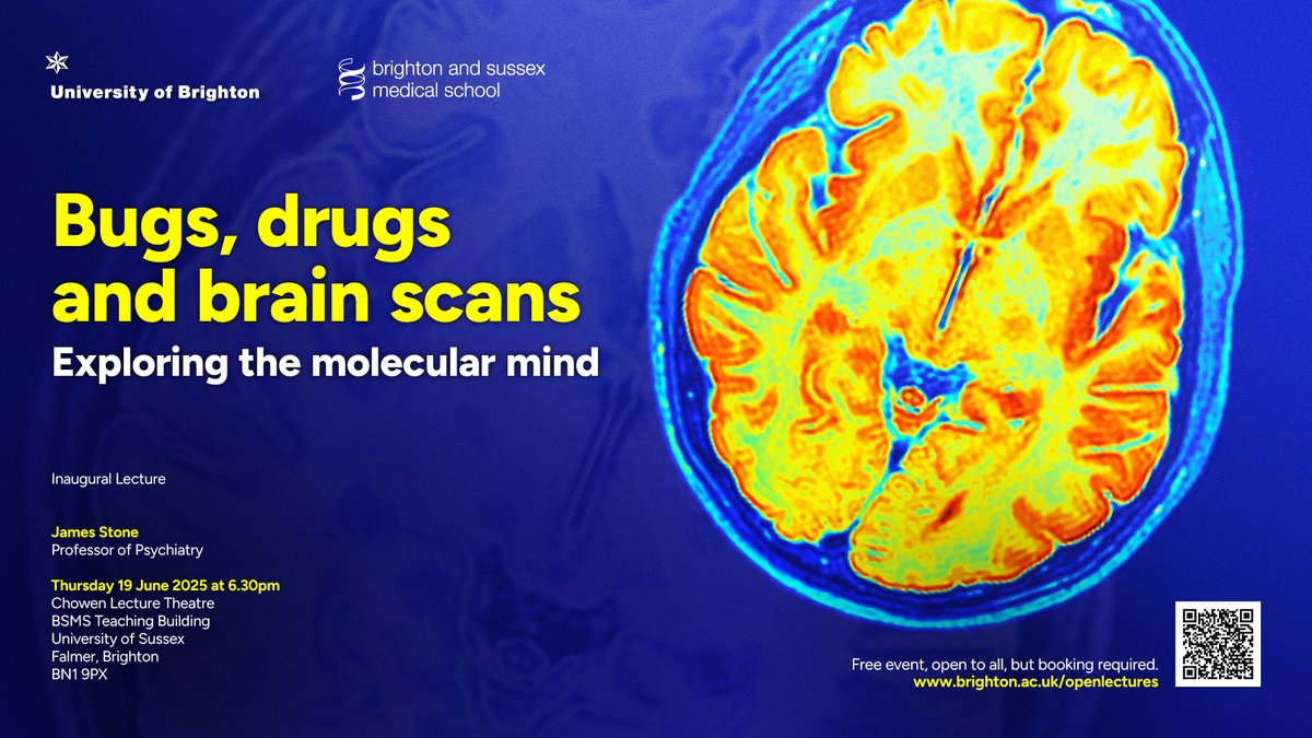 🧪 Counting down to Prof James Stone's inaugural lecture!
"Bugs, drugs and brain scans: Exploring the molecular mind"🧬🧠
📅 Thursday 19 June 2025 | 🕕 6pm
📍 Medical Teaching Building, University of Sussex
🎟️ Free &amp; open to everyone!
Book now 👉 bit.ly/4lUw2eT