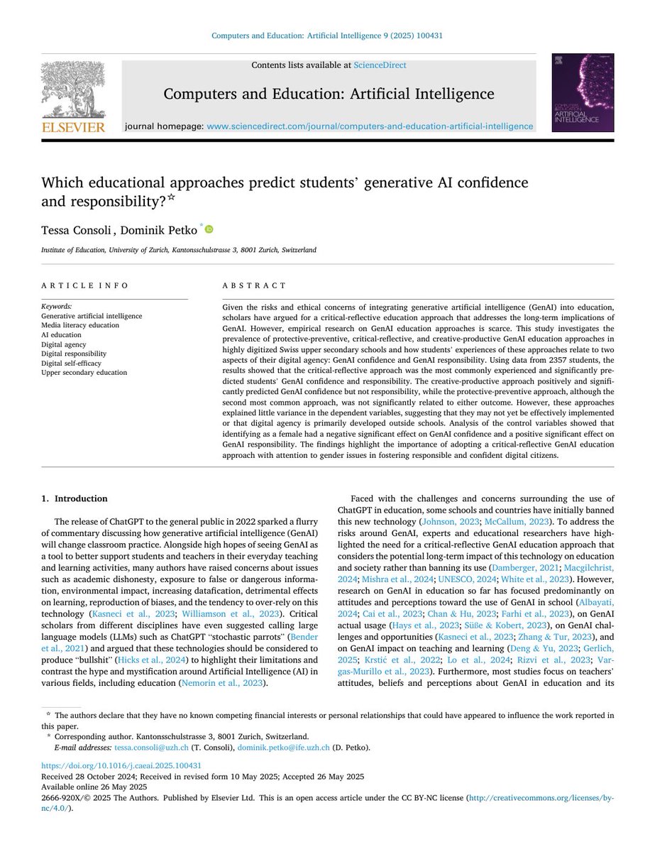 Which education approach to #GenAI do students experience in upper secondary schools?
We explored this through the lens of #MediaLiteracy education.
Key finding: Critical-reflective approaches foster both AI confidence &amp; responsibility.
👉🏼doi.org/10.1016/j.caea… #AIed #EdTech