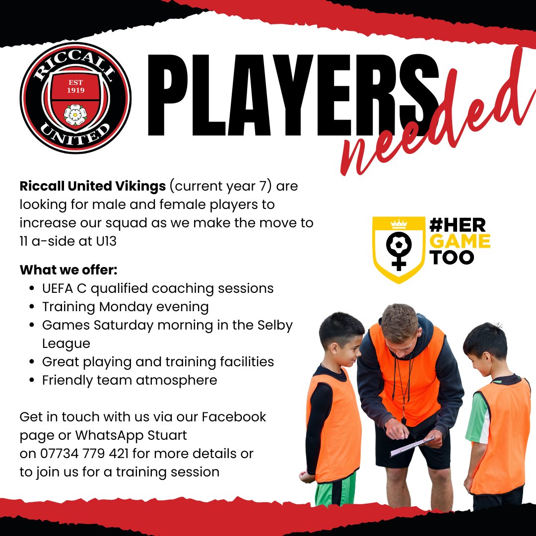 Are you looking for a club where your child can play and develop? Riccall United Vikings (current year 7) are looking for new players for our move to 11 a-side. If your child is interested in playing, we'd love for them to join us. If you want to find out more, drop us a message