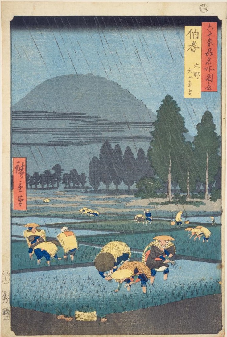 The Japanese rainy season, #tsuyu, comes at the beginning of summer. In this picture depicted by #Hiroshige, farmers are planting rice in the paddy fields at the bottom of Mt. Daisen in Tottori. #ndldigital #ukiyoe dl.ndl.go.jp/info:ndljp/pid…