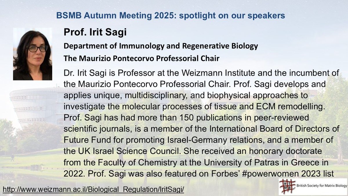 SantamariaUK's tweet image. The first spotlight on the speakers for our @BSMB1 Autumn 2025 Meeting is here! From now on, every Friday we will try to know a bit more about the people who will share their research with us next September. Let's start with Prof. Irit Sagi @WeizmannScience