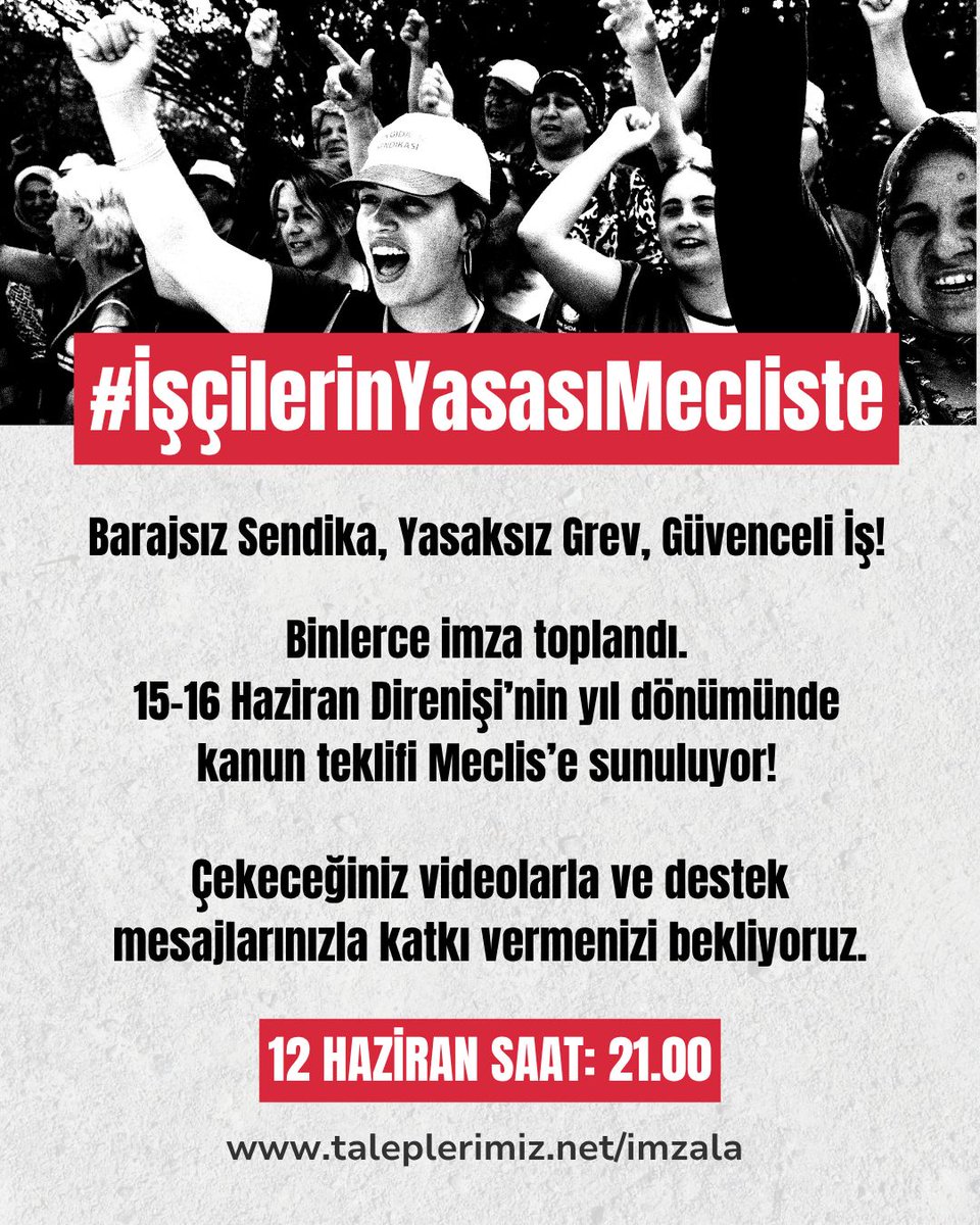 📢 Barajsız sendika, yasaksız grev, güvenceli iş için binlerce imza toplandı, yasa teklifi hazır!
15-16 Haziran direnişinin yıl dönümünde, işçilerin yasası Meclis’e geliyor!
Bugün saat 21.00'de hep birlikte sesimizi yükseltiyoruz!
#İşçilerinYasasıMecliste
