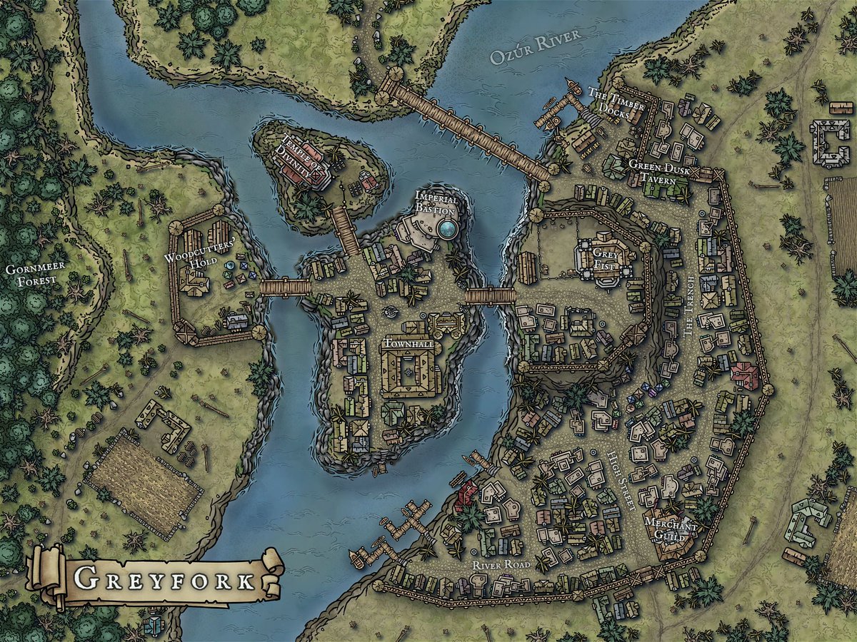 🏠 Greyfork 🏠
 
"A small town settled on the outskirts of the vast Gornmeer Forest. Its primary export is timber to the capital further upstream of the river, but this puts the town in a dangerous conflict with the forest and its inhabitants."
  
🎨 Map by Bert the Illest.