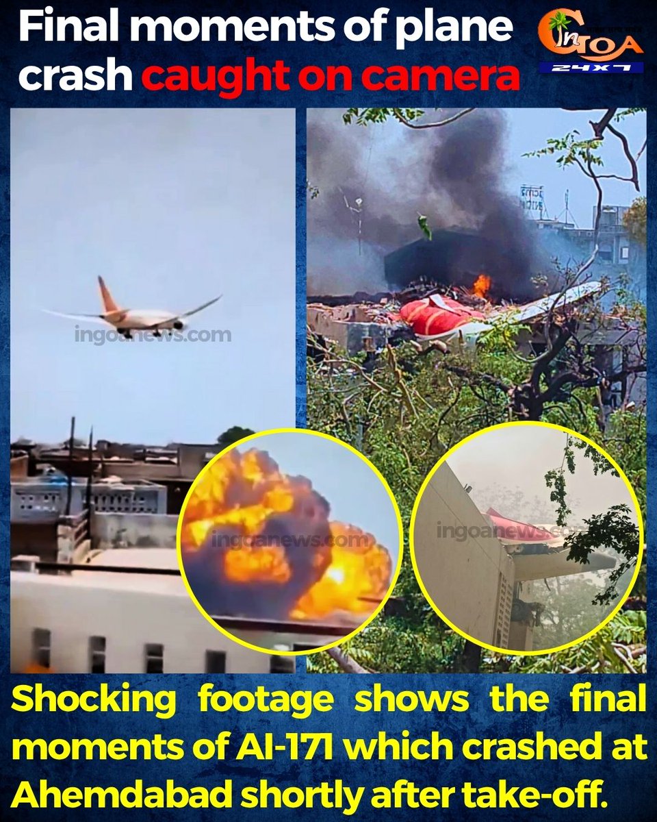 InGoa24x7's tweet image. Final moments of plane crash caught on camera Shocking footage shows the final moments of AI-171 which crashed at Ahemdabad shortly after take-off.
#goa #planecrash #caughtOnCamera #shocking #crash