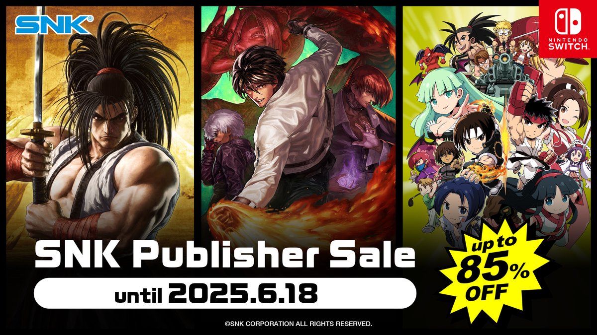 ＼Up to 85% OFF!!／
The SNK Publisher Sale is now live on the Nintendo eShop! ✨
With great deals on titles like SAMURAI SHODOWN and NEOGEO POCKET COLOR SELECTION!
🕘 The sale runs until Wednesday, June 18, 2025
🔽 Check out the details here:
nintendo.com/us/search/#cat…

#SNK #KOF