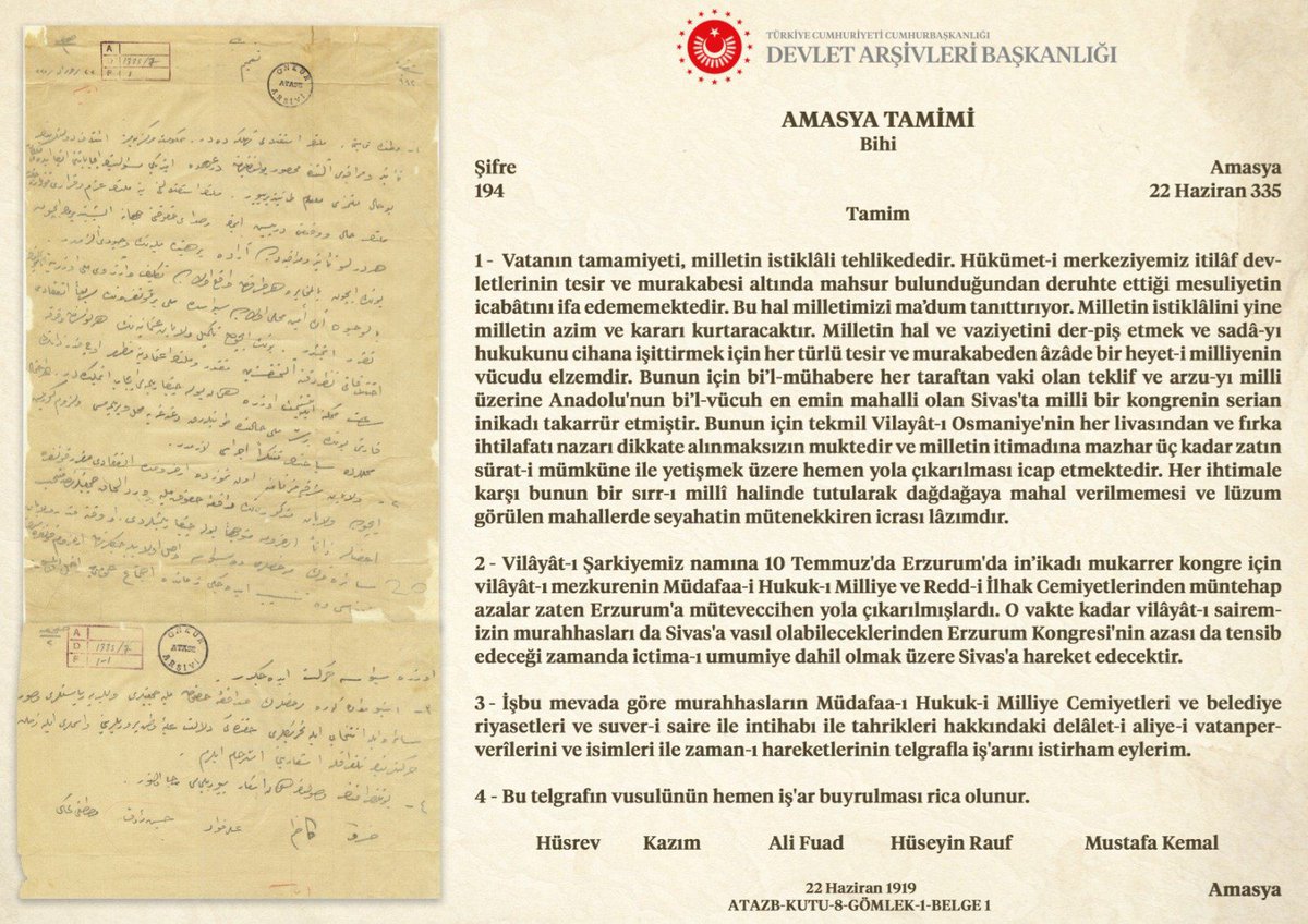 “Milletin istiklâlini yine milletin azim ve kararı kurtaracaktır.” 
Amasya Tamiminin 106. Yılı Kutlu Olsun 🇹🇷