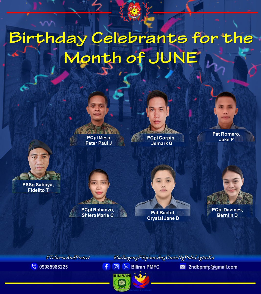 BiliranForce's tweet photo. "Happy Birthday to the Birthday Celebrants from the Month of June! 🎉🎈🎁🎊

From your Biliran Provincial Mobile Force Company Family, under the supervision of PLTCOL RECAREDO S MARASIGAN, Force Commander. https://t.co/eBnpJaAu8m