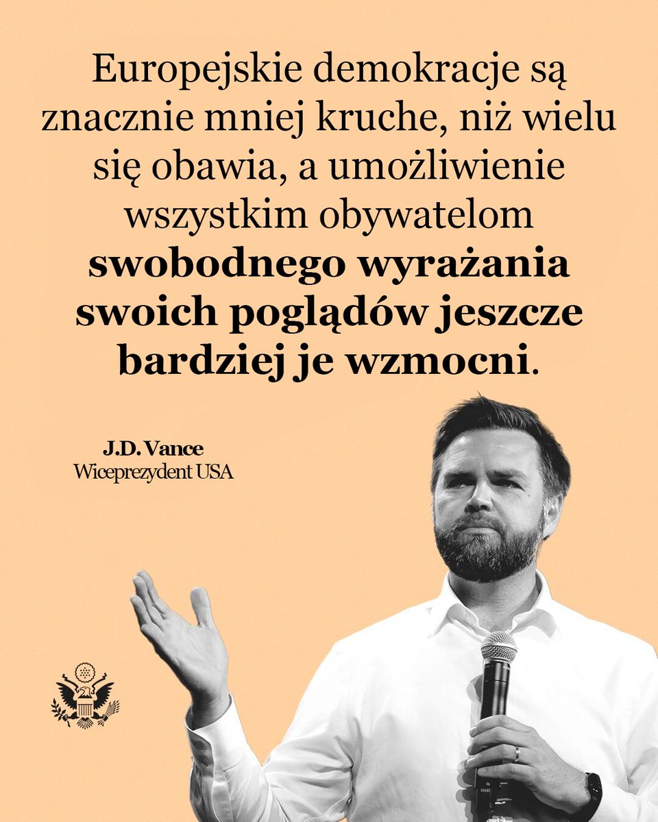 US Embassy Warsaw (@usembassywarsaw) on Twitter photo "Europejskie demokracje są znacznie mniej kruche, niż wielu się obawia, a umożliwienie wszystkim obywatelom swobodnego wyrażania swoich poglądów jeszcze bardziej je wzmocni." - <a href="/VP/">Vice President JD Vance</a> "Europejskie demokracje są znacznie mniej kruche, niż wielu się obawia, a umożliwienie wszystkim obywatelom swobodnego wyrażania swoich poglądów jeszcze bardziej je wzmocni." - <a href="/VP/">Vice President JD Vance</a>