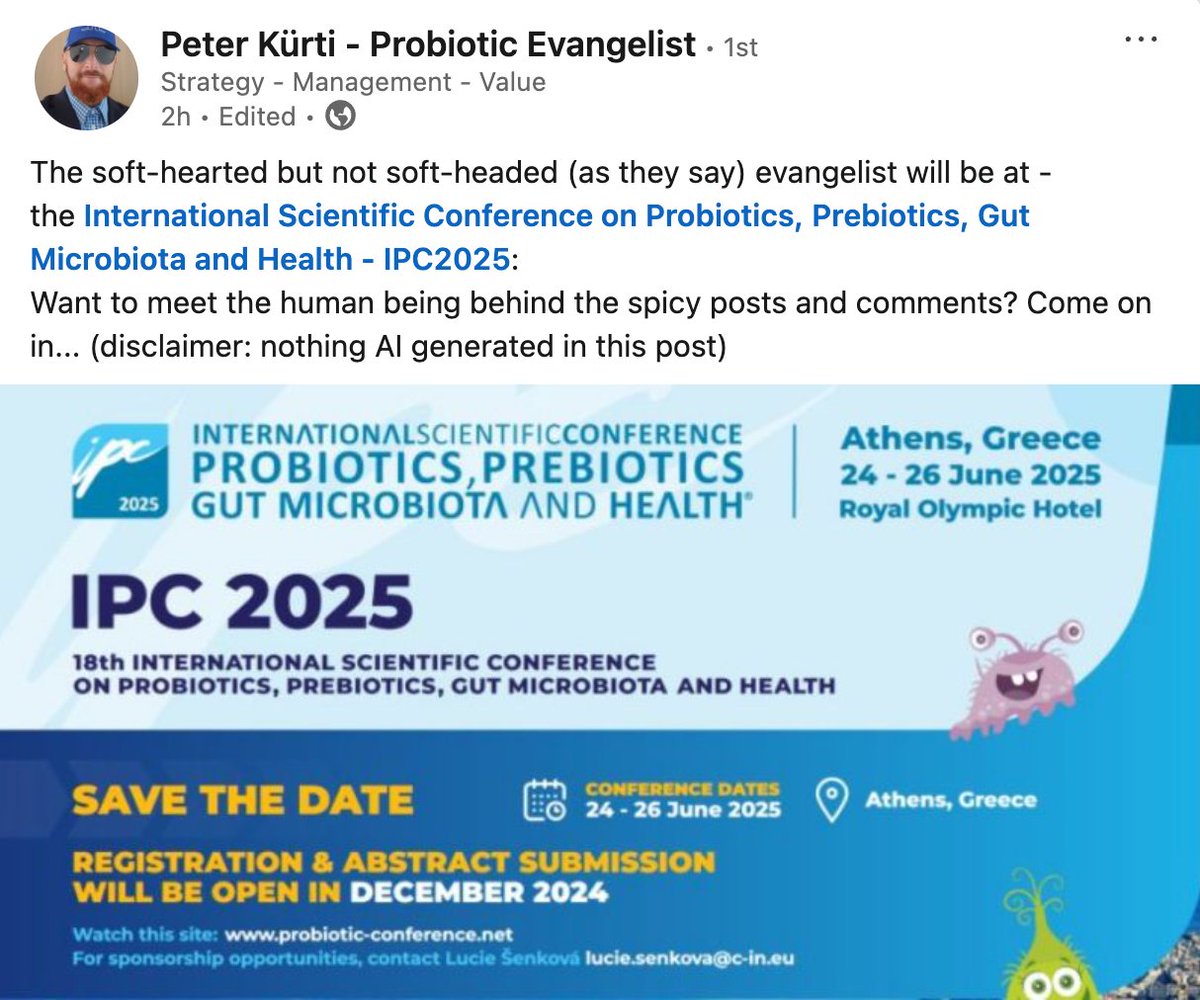 😎Meet the one and only Peter Kürti - Probiotic Evangelist and true voice of the -biotics world. A rare chance to connect with the human behind the sharpest insights in person. See you soon in Athens at IPC2025!
