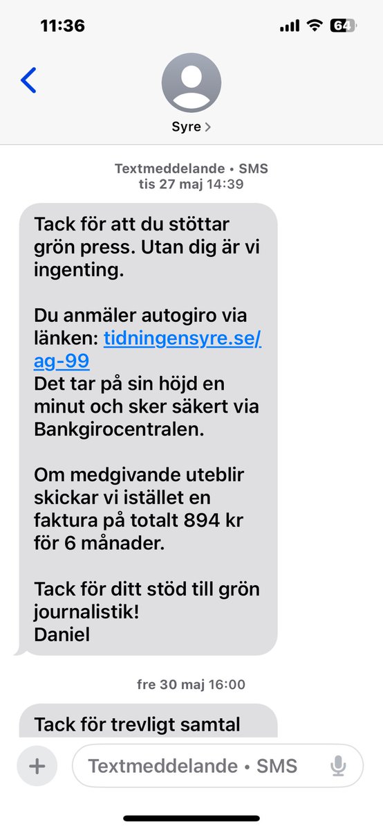 Såhär jobbar man på tidningen Syre. De svarar inte på mejl och hotar med att börja skicka fakturor via mejl. Detta trots att jag inte medgivit någon prenumeration. En riktig skittidning! <a href="/TidningenSyre/">Syre</a>