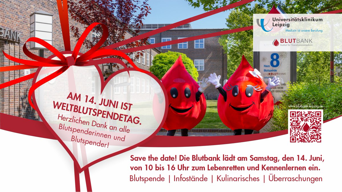 Etwa drei Prozent derjenigen, die Blut spenden könnten, tun es tatsächlich. Das sollten mehr werden! Zum #Weltblutspendetag am 14. Juni lädt die #UKL-Blutbank alle Spendenwilligen zur Sonder-Spendenaktion ein - und bedankt sich mit kleinen Überraschungen. 
uniklinikum-leipzig.de/presse/Seiten/…