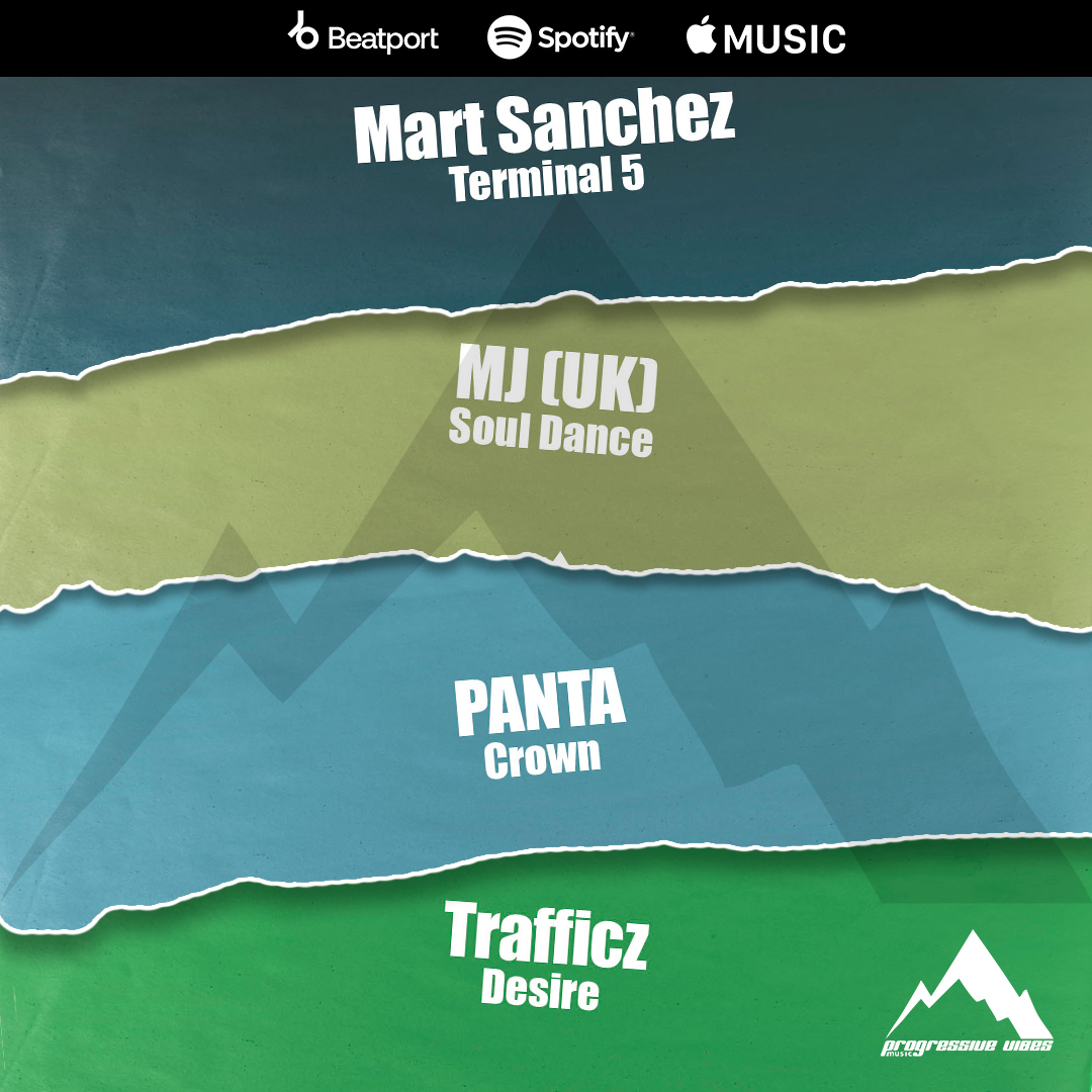 Out now on all platforms!
🎧 Mart Sanchez - Terminal 5
link.progressivevibesmusic.com/pvm1061 
🎧 MJ (UK) - Soul Dance 
link.progressivevibesmusic.com/pvm1062l 
🎧 PANTA - Crown
link.progressivevibesmusic.com/pvm1063l 
🎧 Trafficz - Desire
link.progressivevibesmusic.com/pvm1064l 
#progressivevibesmusic