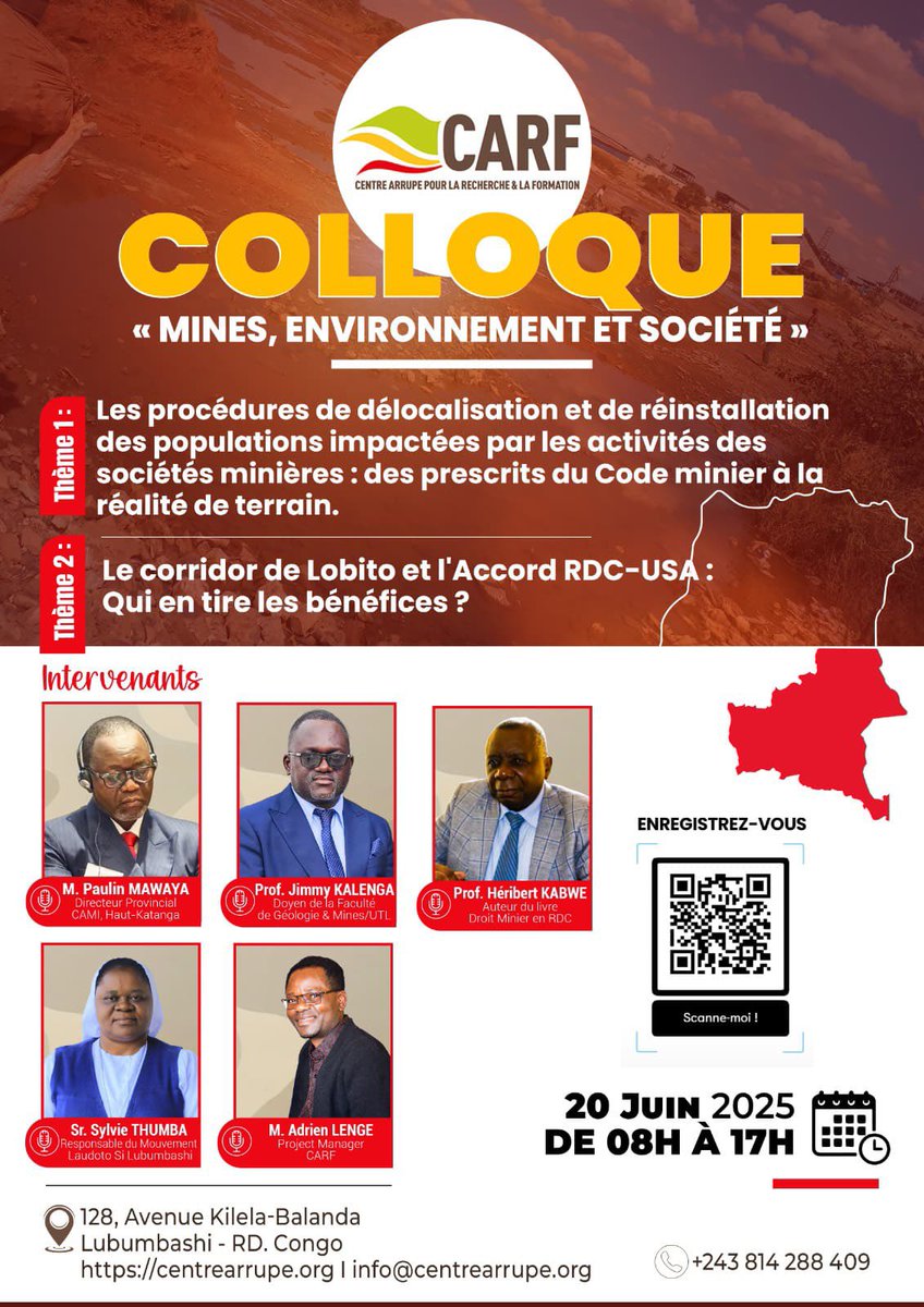 Venez écouter. Venez débattre. Venez construire.
Lien d’enregistrement : docs.google.com/forms/d/1PyIHR…
Lire plus : centrearrupe.org/colloque-mines…
Un événement pour repenser l’avenir du secteur extractif en #RDC
Rejoignez-nous au CARF #Lubumbashi
#ColloqueCARF2025 #JusticeMinière #AccordRDCUSA