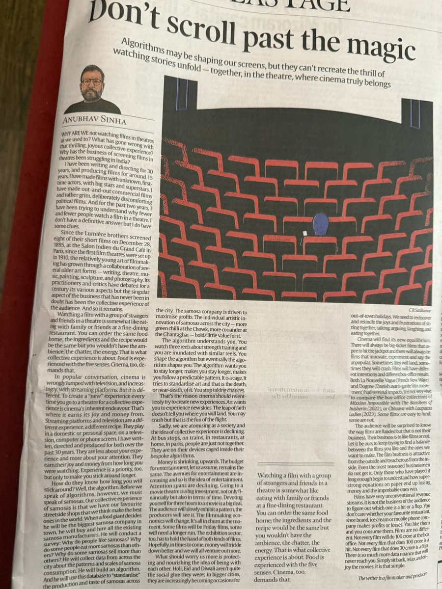 Very nice article  <a href="/anubhavsinha/">Anubhav Sinha</a>  sir in the <a href="/IndianExpress/">The Indian Express</a> 
But people are also not watching films because it is simply too expensive. The charming single screen has given way to the Multiplex with expensive food. We have excluded an entire class of movie watchers with the death