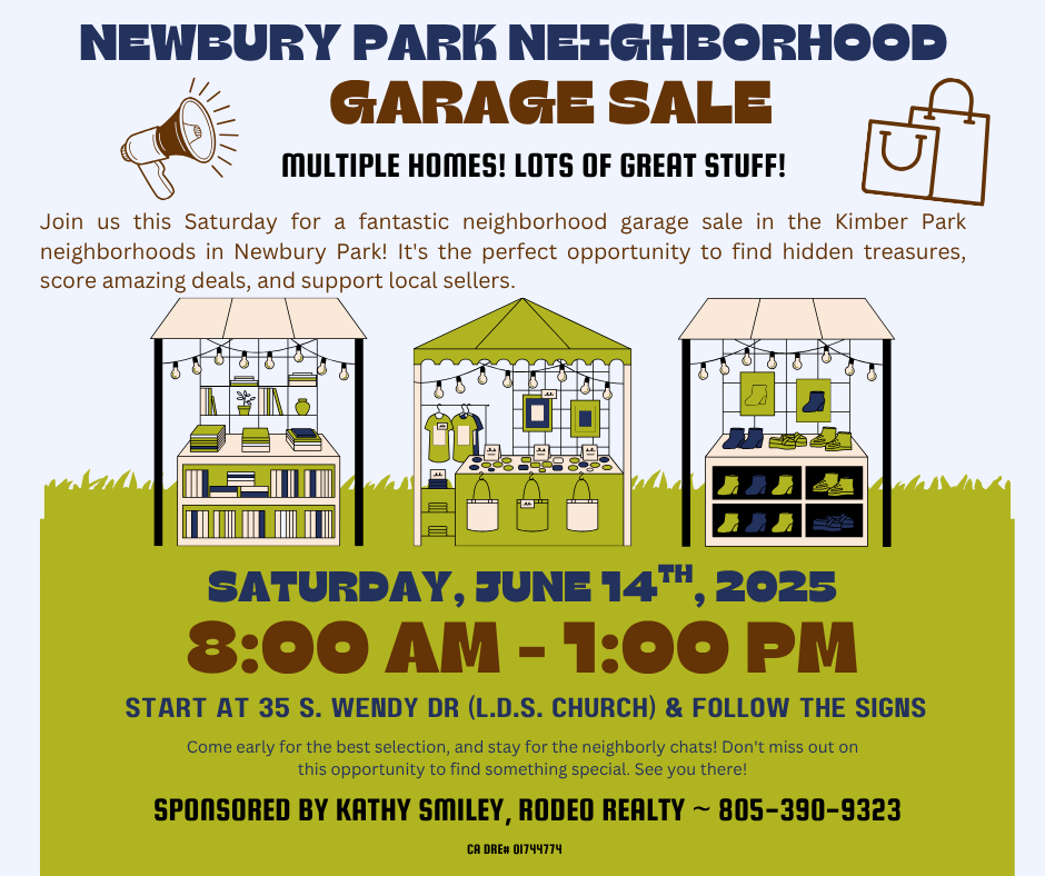 KathySmiley's tweet photo. NEWBURY PARK, CA Neighborhood Garage Sale this Saturday, June 14th, 2025 8:00AM - 1:00PM. All the stuff YOU WANT AND NEED!! Sponsored by Kathy Smiley, Rodeo Realty 805-390-9323 https://t.co/EZr0JBMaKb