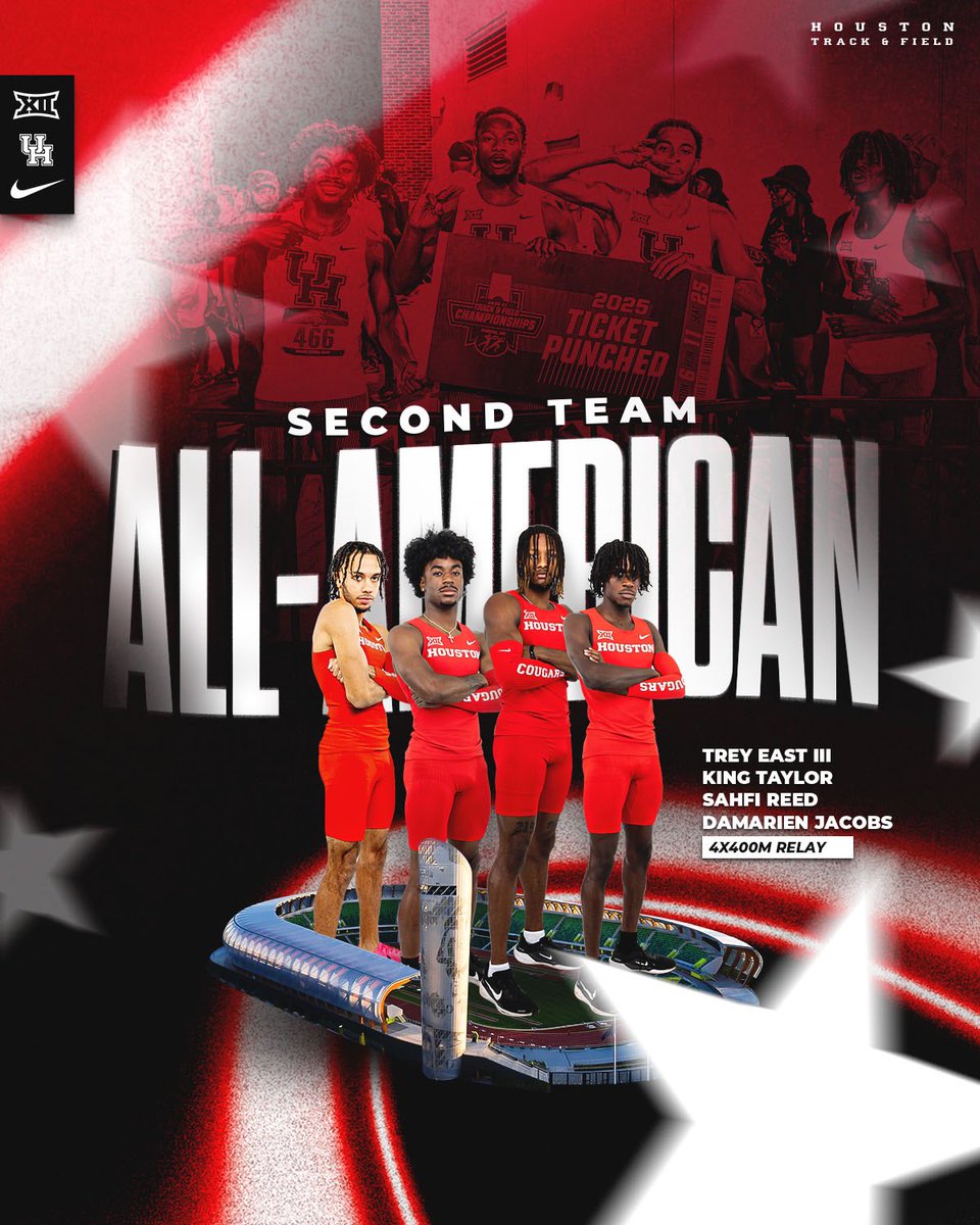 All-American Status ⭐️

Trey East III, Damarien Jacobs, Sahfi Reed and King Taylor conclude the season with Second Team honors after placing 14th in the 4x400-meter relay! 

#HTownSpeedCity x #GoCoogs