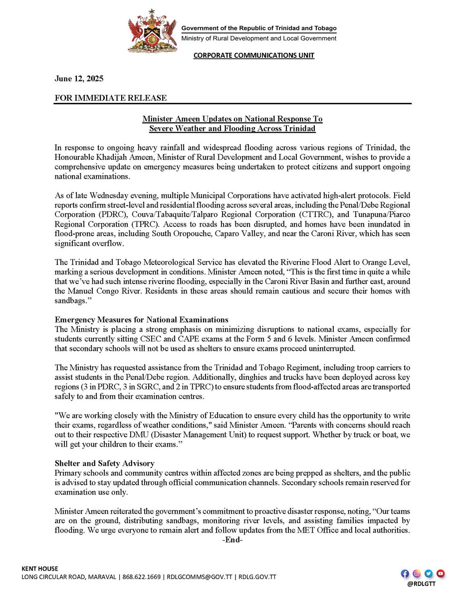 - FOR IMMEDIATE RELEASE -
Minister Ameen Updates on National Response to Severe Weather and Flooding Across Trinidad.
#MoRDLG
