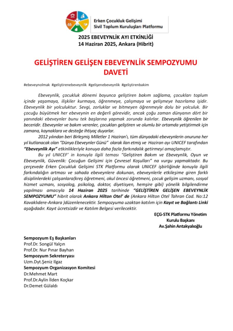 Geliştiren Gelişen Ebeveynlik Sempozyumu 14 Haziran 2025 tarihinde Ankara’da gerçekleştirilecektir.