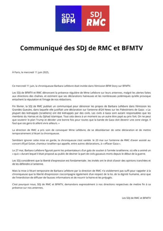 En raison de ses propos pro-génocide récurrents, les journalistes de <a href="/BFMTV/">BFMTV</a> et <a href="/RMCInfo/">RMC</a> demandent que la chroniqueuse Barbara Lefebvre, qui a notamment animé le quiz de la honte qui ironise sur la mort des Palestiniens à Gaza, soit virée.
De toute évidence, ses positions