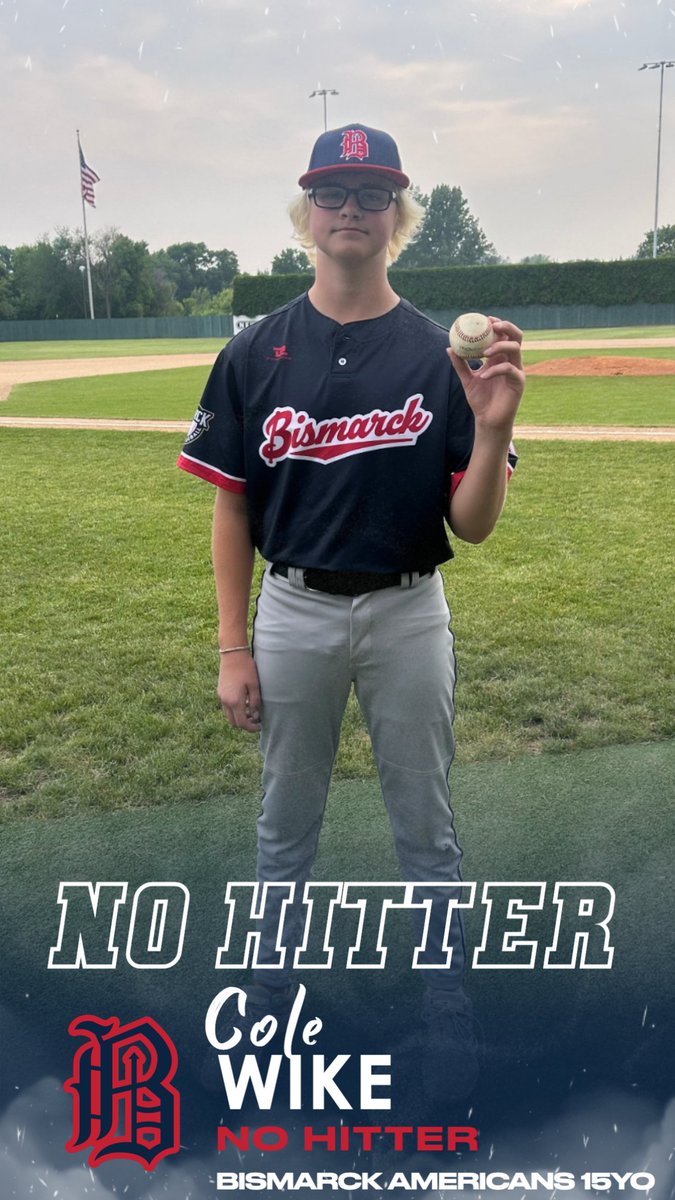 Congratulations to Cole Wike who threw a no-hitter when the Bismarck Americans 15YO team matched up against the Jamestown Blues in game 1 this week! #junioramericanlegion #legionbaseball #nohitter